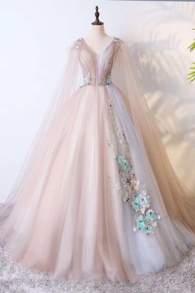 Buy Ball Gown V Neck Tulle Prom Dress With Appliques, Unique Floor ...