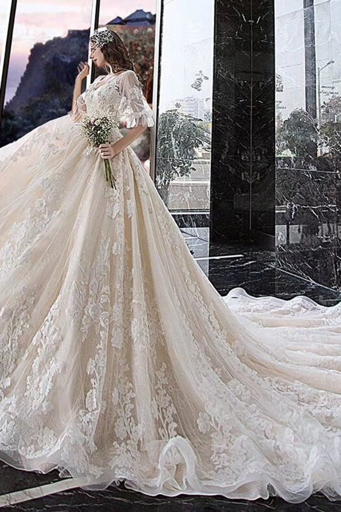 Ball Gown Wedding Dresses V Neck Half Sleeves Appliques Lace Up Back ...