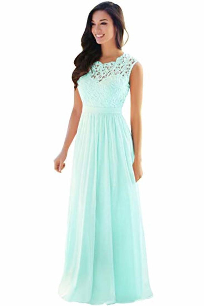 Buy Lace Chiffon Prom Dresses A Line Round Neck Long Evening Dresses ...