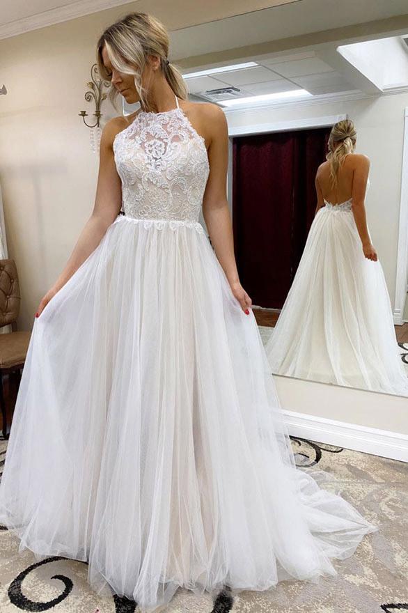 Buy A Line Halter Tulle Wedding Dress With Top Lace Backless Beach Wedding Dresses Sjs15547 