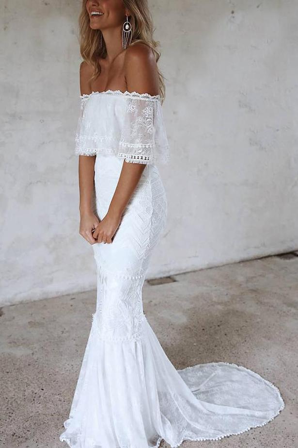 Buy Elegant Mermaid Off The Shoulder Half Sleeve White Lace Beach Wedding Dresses Js779 Online 4496