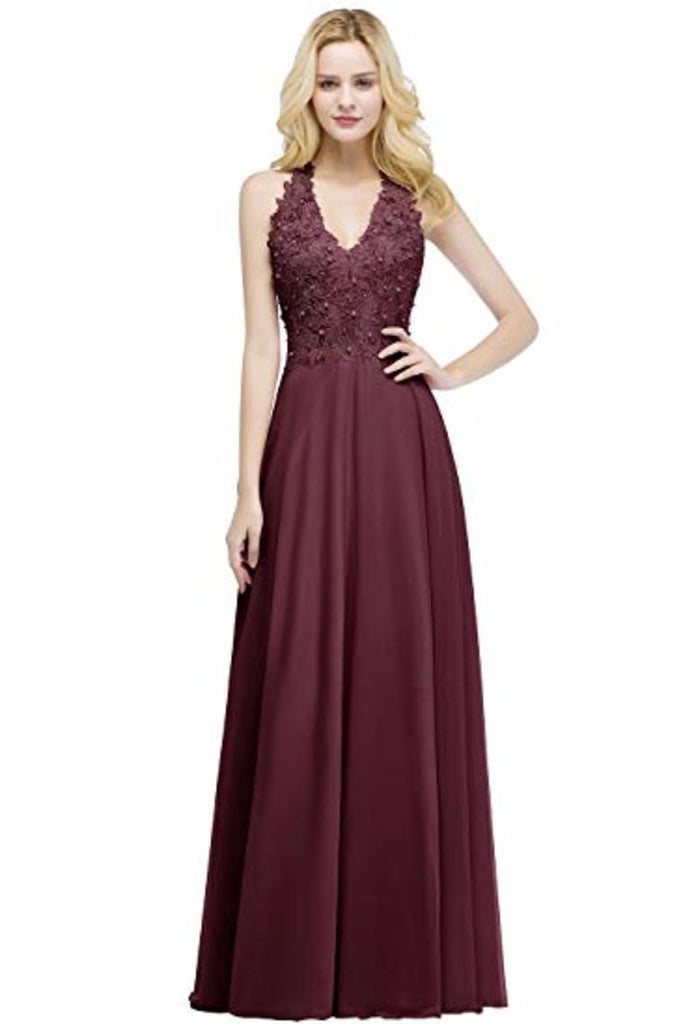 Buy Lace Chiffon Prom Dresses Beading Applique A Line V Neck Evening ...