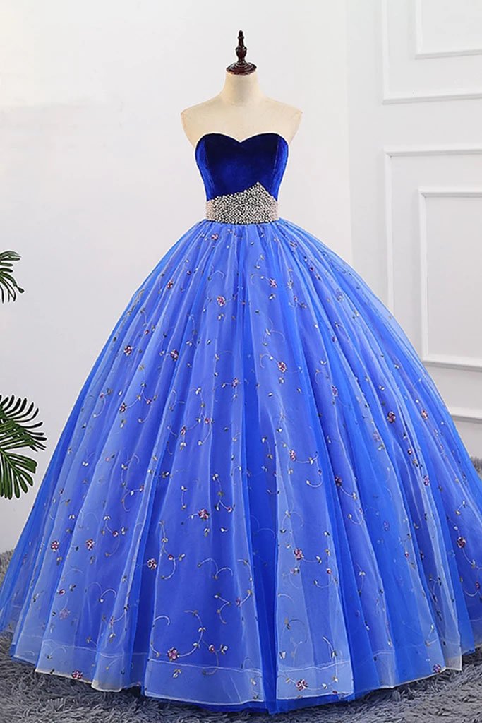 Buy Ball Gown Sweetheart Strapless Blue Prom Dresses with Beading ...