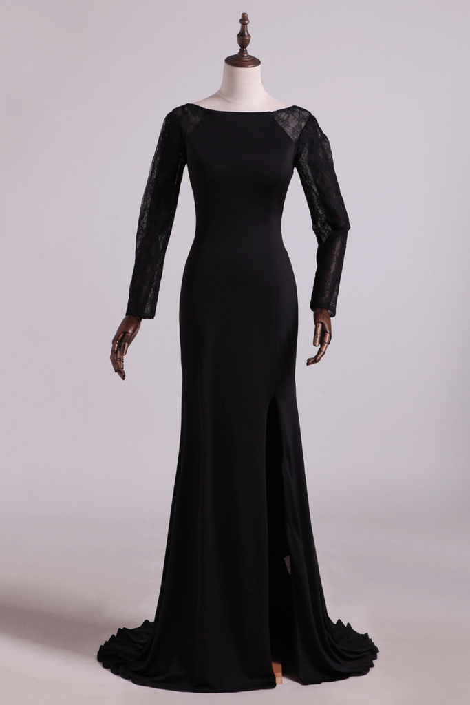 Open Back Bateau Prom Dresses Sheath Spandex Black With Beading Online ...