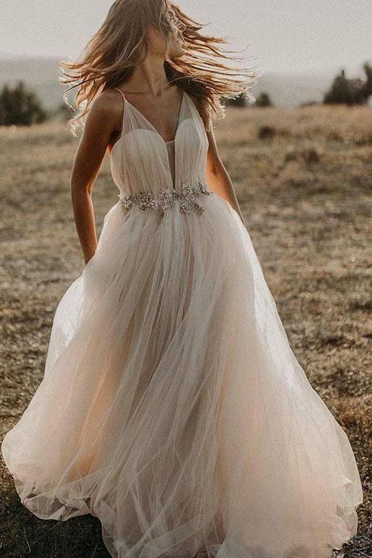 Buy Spaghetti Straps Tulle Deep V-Neck Wedding Dresses, Romantic ...