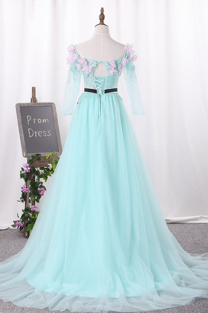 New Arrival A Line Boat Neck Tulle Prom Dresses With Handmade Flowers ...
