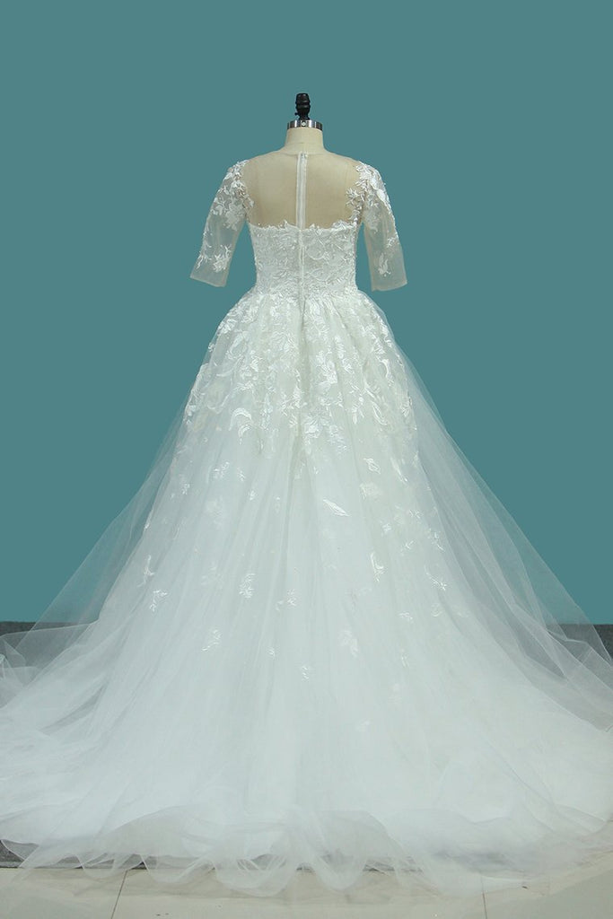 Scoop Sheath Tulle Detachable Train Wedding Dresses With Applique ...