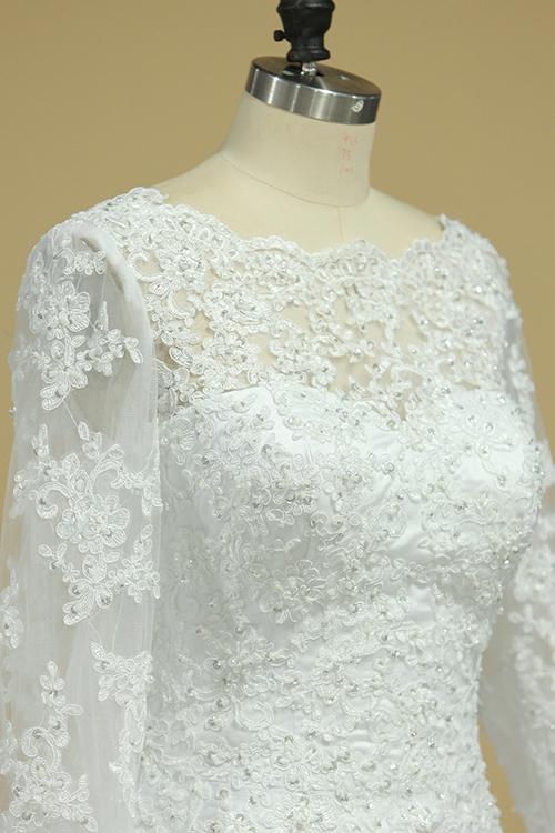 Buy A Line Long Sleeves White Lace Appliques Satin Beads Open Back ...