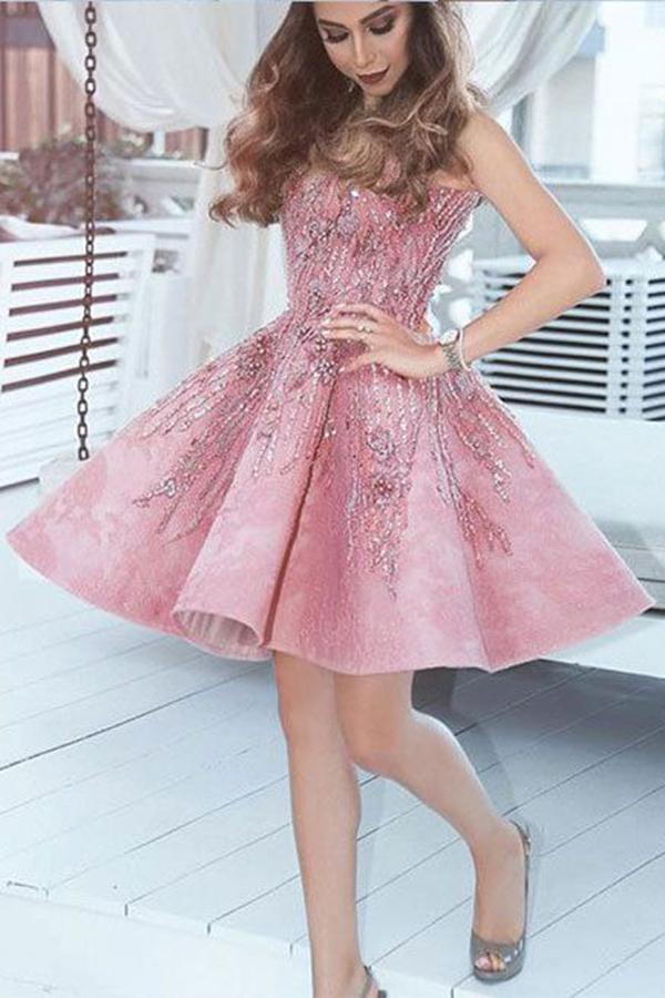 Buy A Line Pink V Neck Lace Beads Satin Knee Length Short Prom Dresses ...