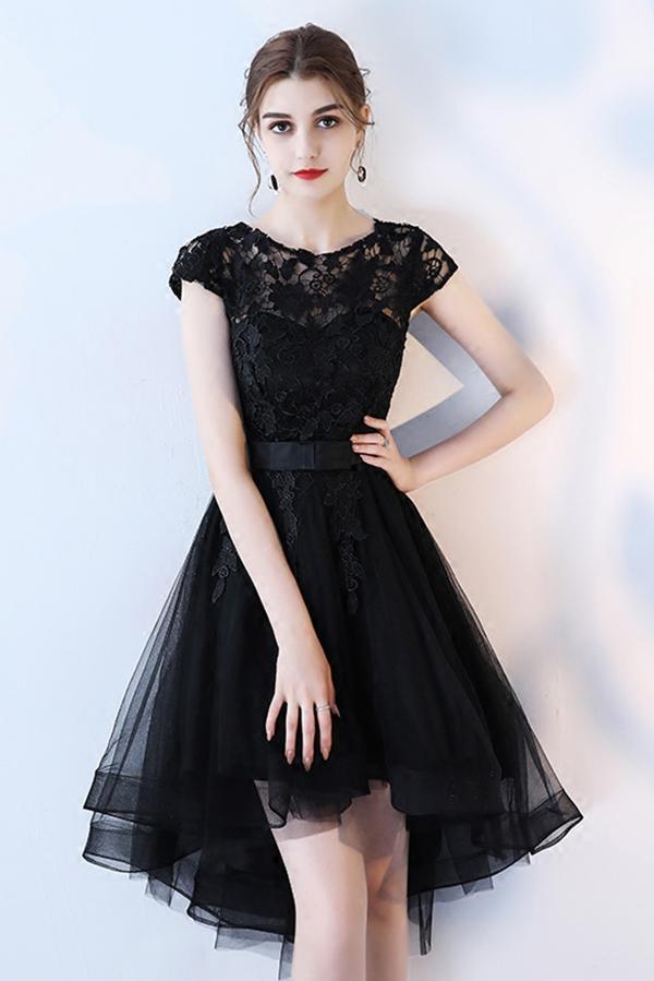 Buy A Line Black High Low Scoop Cap Sleeve Tulle Homecoming Dresses ...