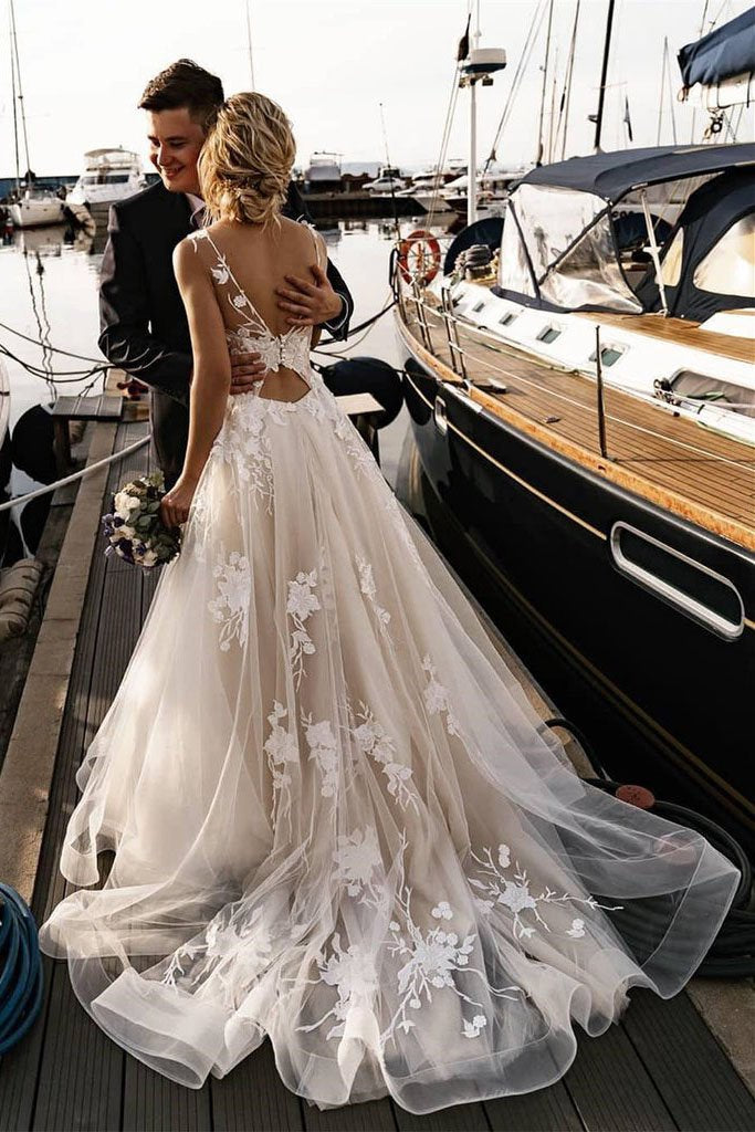 Buy A Line Floral Appliques Beach Wedding Dresses Backless Tulle Boho ...