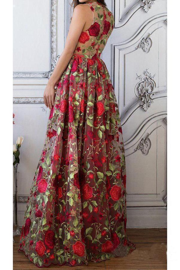 Buy A Line V Neck Red Floral Boho Prom Dress Elegant Long Evening ...