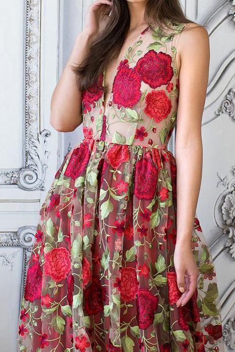 Buy A Line V Neck Red Floral Boho Prom Dress Elegant Long Evening ...