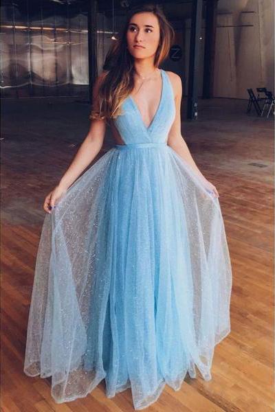 Buy A line Blue Tulle Straps Prom Dresses Floor Length Long Cheap ...