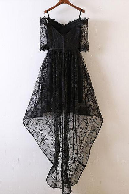 Buy Black Short Sleeve High Low Homecoming Dresses Lace Appliques ...
