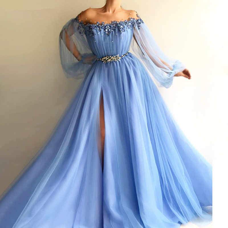 Long Sleeve Tulle Prom Dresses with High Split Beaded Crystal Fashion