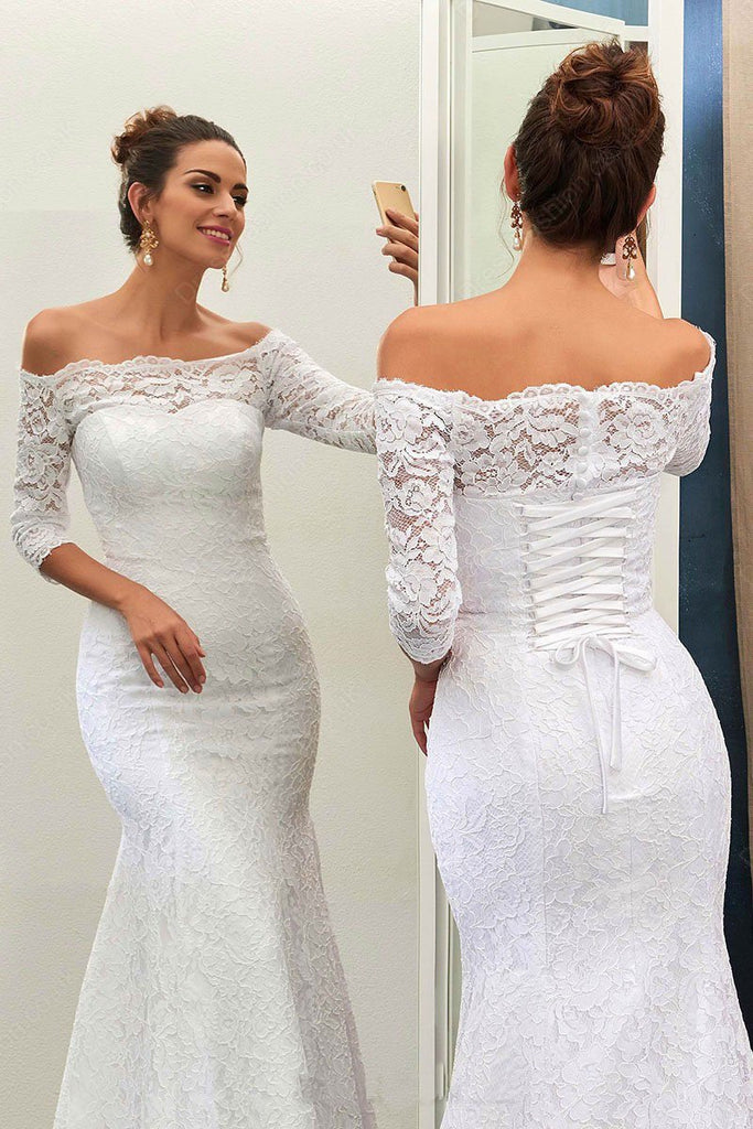 Buy Mermaid Off-the-Shoulder Lace Sweep Train 3/4 Sleeve Top Lace-up ...