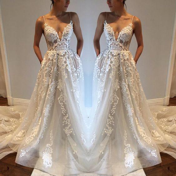 Buy Elegant Ivory Spaghetti Straps Tulle Lace V Neck Wedding Dresses ...