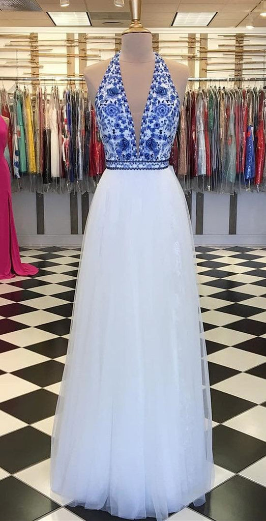 white and blue prom dress