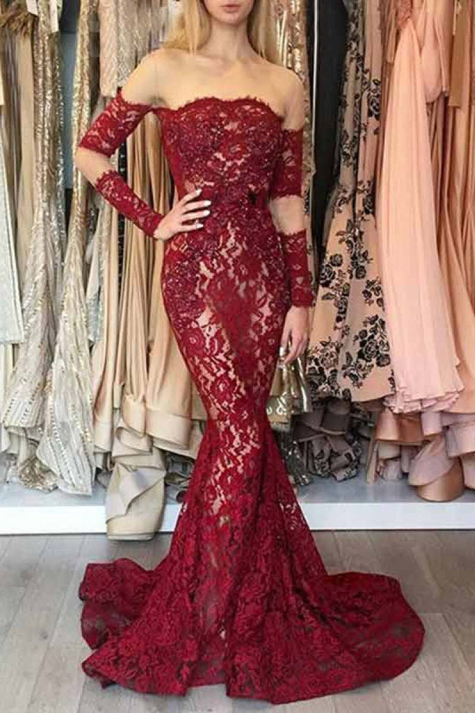 Buy Mermaid Long Sleeves Dark Red Off the Shoulder Lace Prom Dresses ...