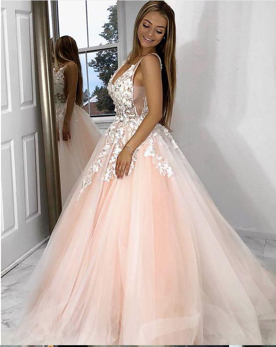 Buy Princess V Neck Pink Long Tulle Lace Appliques Open Back Party ...