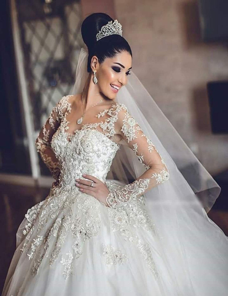 Buy Wedding Dresses Scoop Long Sleeves A Line Tulle With Applique And ...