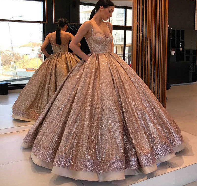 Buy Princess Rose Gold Spaghetti Straps Sleeveless Ball Gown Prom Dress With Pockets P1140 0612