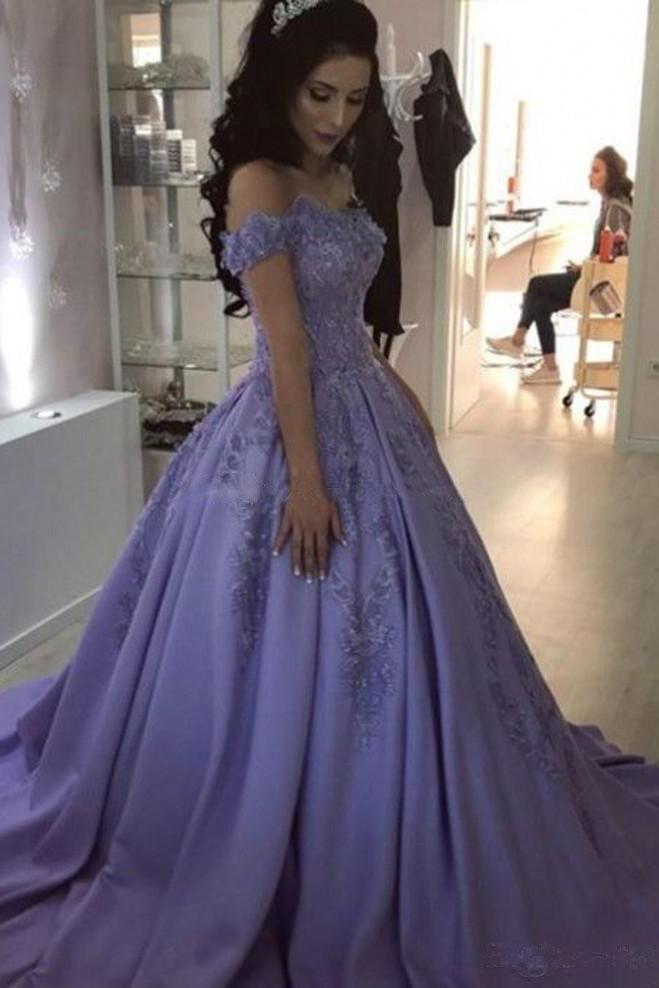 Buy Lilac Ball Gown V Neck Off The Shoulder Lace Appliques Satin Beaded Prom Dresses Js465