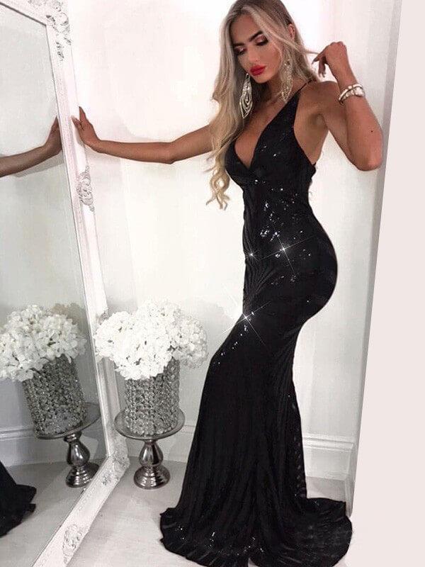 Buy Mermaid Criss Cross Deep V Neck Gold Prom Dresses Sequins Long Prom ...