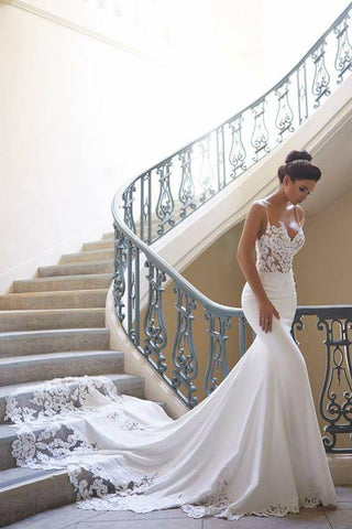 Mermaid Ivory Spaghetti Straps V Neck Wedding Dresses Lace Satin Bridal Dresses JS661