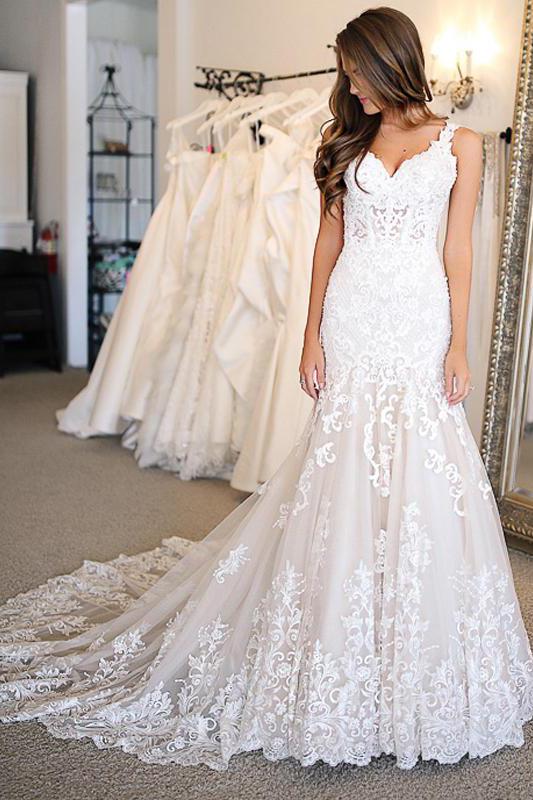 Buy Mermaid Lace Applique Sweetheart Ivory Wedding Dresses Long Wedding ...