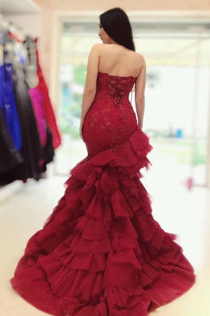 Buy Sexy Mermaid Sweetheart Burgundy Strapless Lace Appliques Lace Up Tulle Prom Dresses P1026 9031