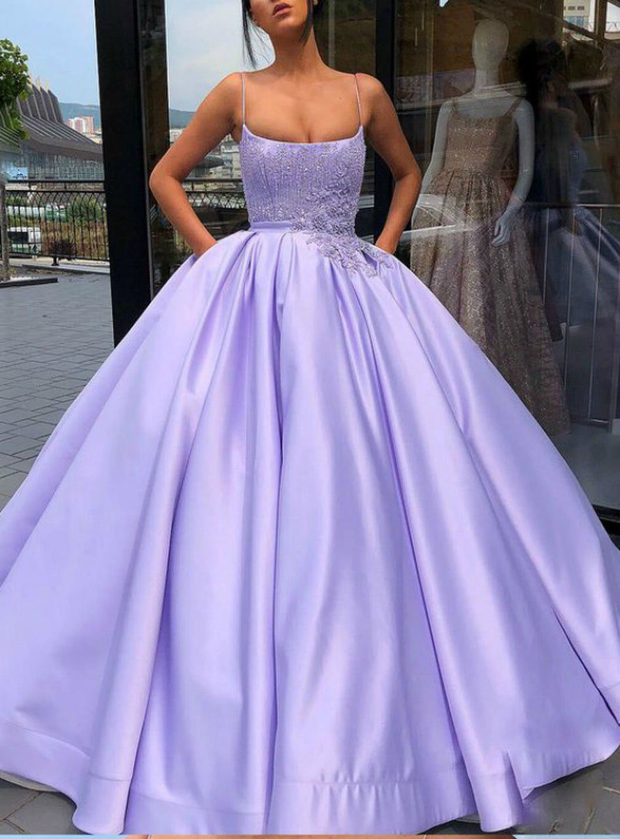 Buy Purple Ball Gown Spaghetti Straps Satin Prom Dress With Pocket Quinceanera Dress Online