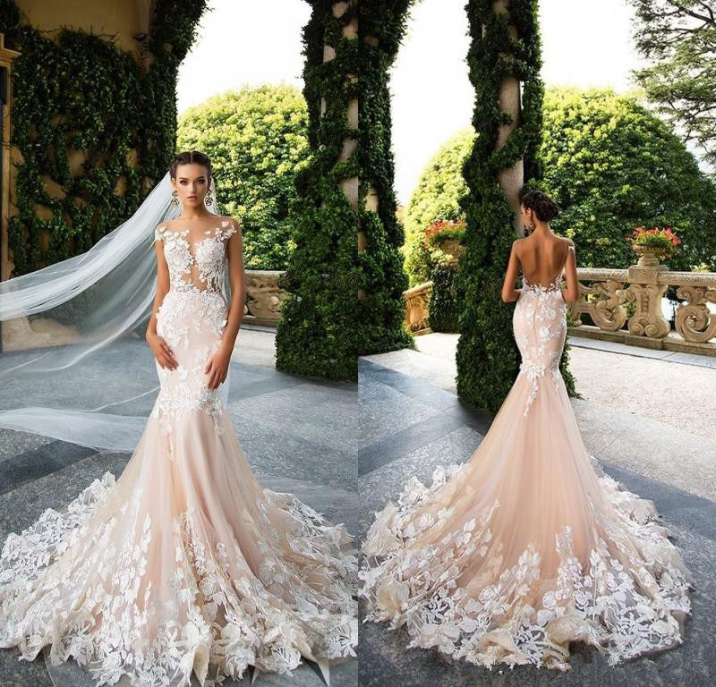 Buy Mermaid Light Pink Backless Lace Appliques Wedding Dresses Short Sleeve Bridal Dress Js510 3562