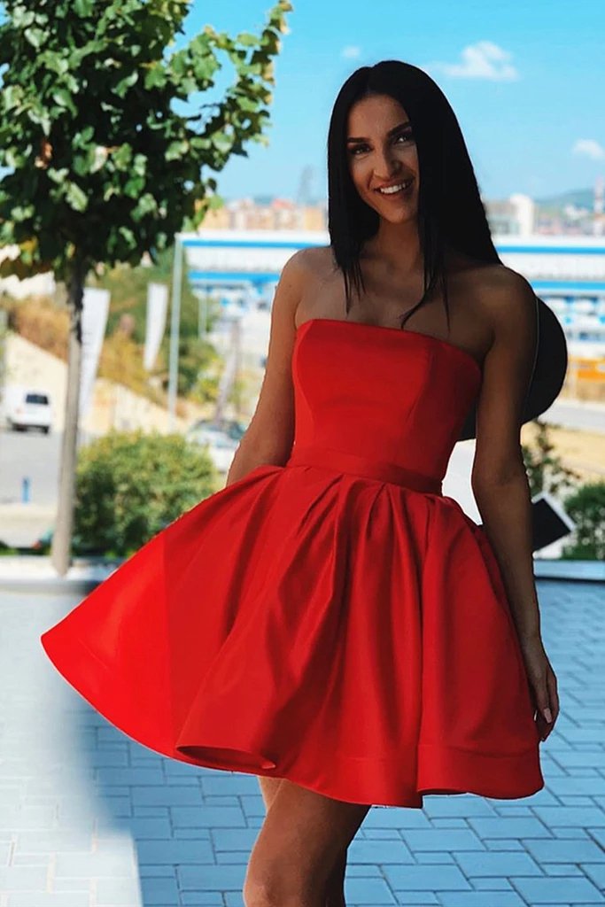 Buy Cute Red Satin Strapless Above Knee Homecoming Dresses With Belt Short Cocktail Dresses