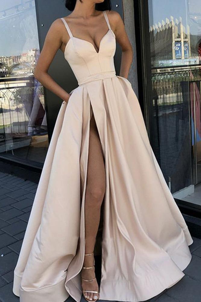 Buy Sexy A Line High Slit V Neck Spaghetti Straps Prom Dress Pockets Satin Formal Dress Js576