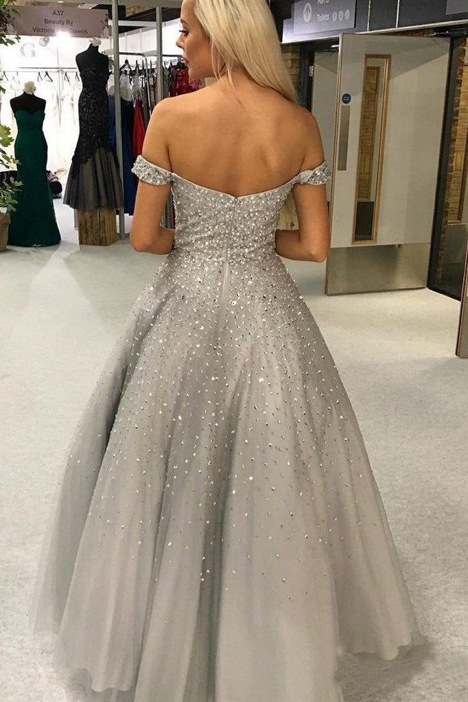 Buy Shiny Ball Gown Off the Shoulder Sweetheart Silver Beaded Tulle ...