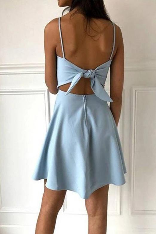 Buy Simple Spaghetti Straps Light Blue Satin Homecoming Dresses Cute Short Prom Dresses H1286 