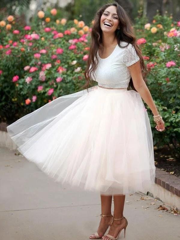 Buy Simple Two Pieces Round Neck Ivory Short Prom Dress with Lace ...