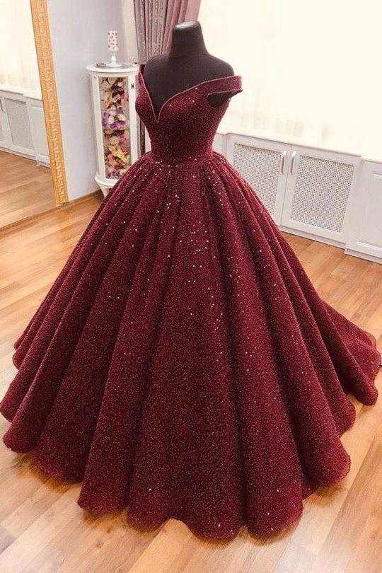 Buy Sparkle Ball Gown V Neck Burgundy Off the Shoulder Prom Dress ...