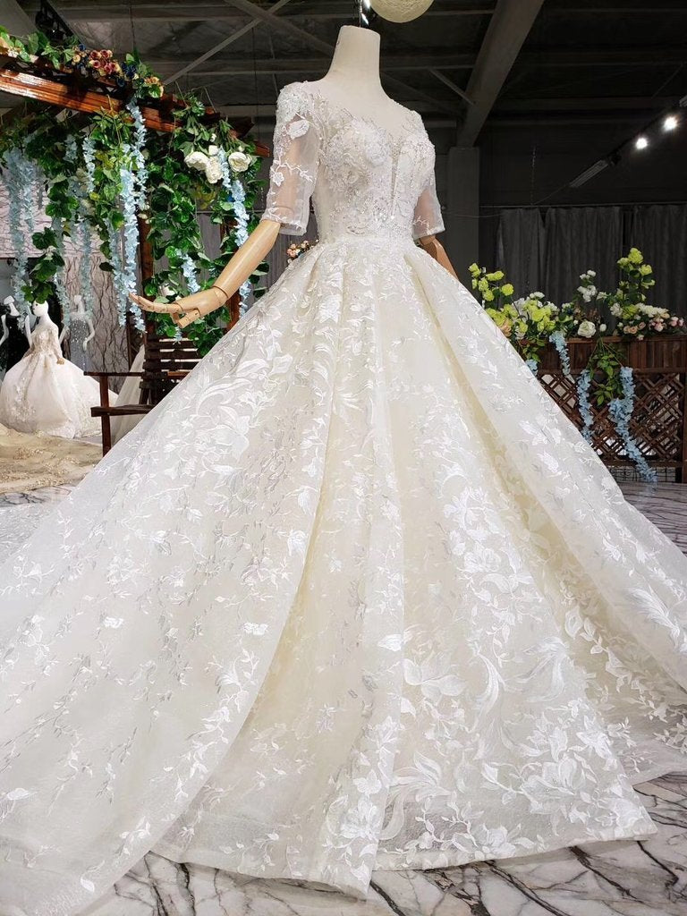 Buy Lace Half Sleeve Round Neck Ball Gown Wedding Dresses Fashion Beads ...