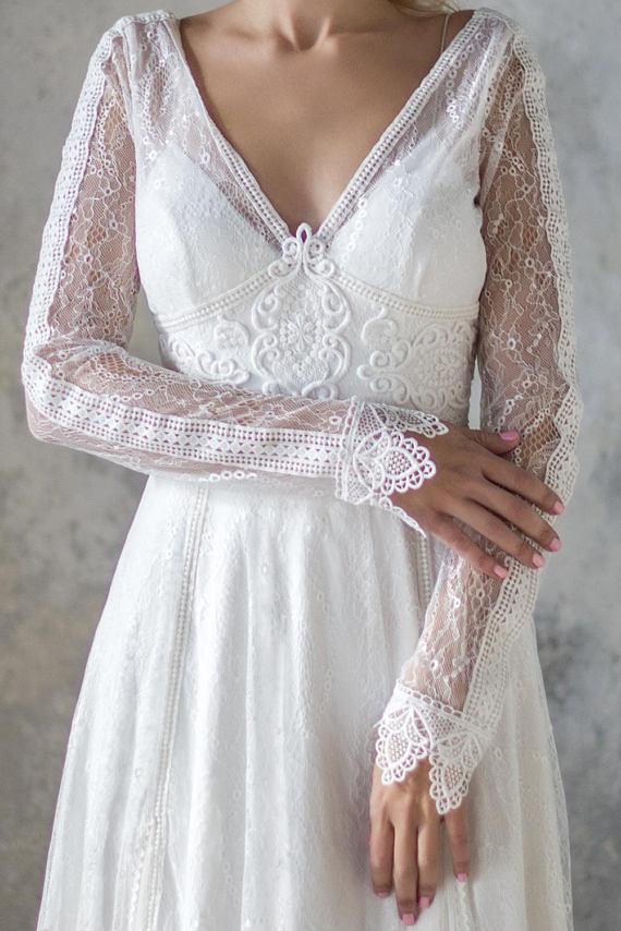 Buy Elegant A Line V Neck Long Sleeve Ivory Lace Backless Beach Boho Wedding Dresses Js872 6509