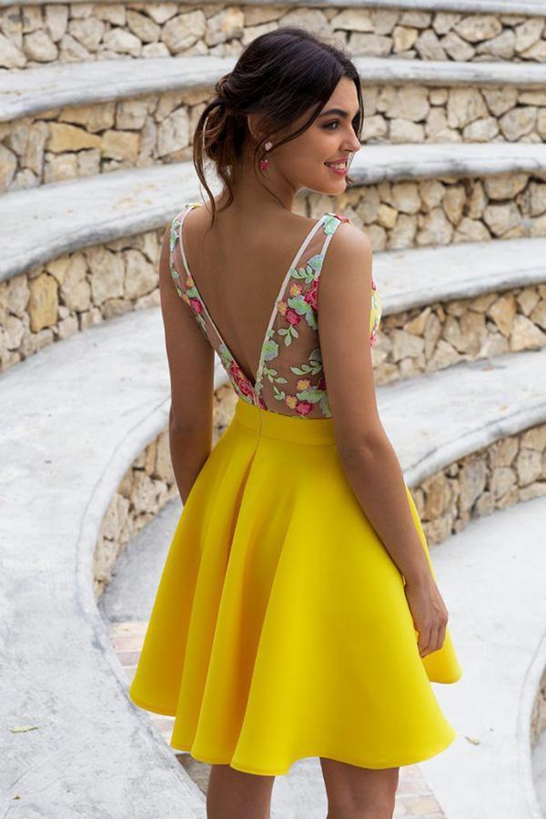 Buy Yellow Floral Satin Illusion Back Daffodil V Neck Homecoming Dresses  Short Cocktail Dresses H1338 Online – jolilis