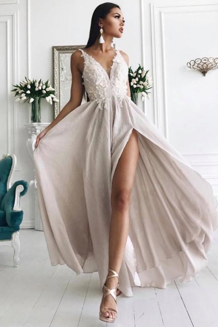 Buy Flowy Front Split Long Ivory Lace V-Neck Prom Dresses Evening ...