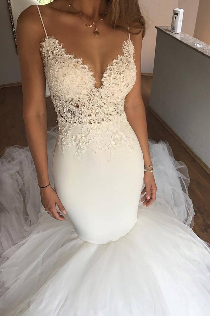 Spaghetti Straps Wedding Dresses Mermaid Tulle With Applique Open Back ...