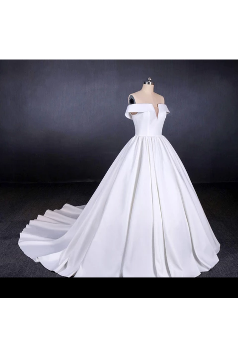 Buy Puffy Off The Shoulder Satin Wedding Dress Ball Gown Long Bridal Dress With Long Train 