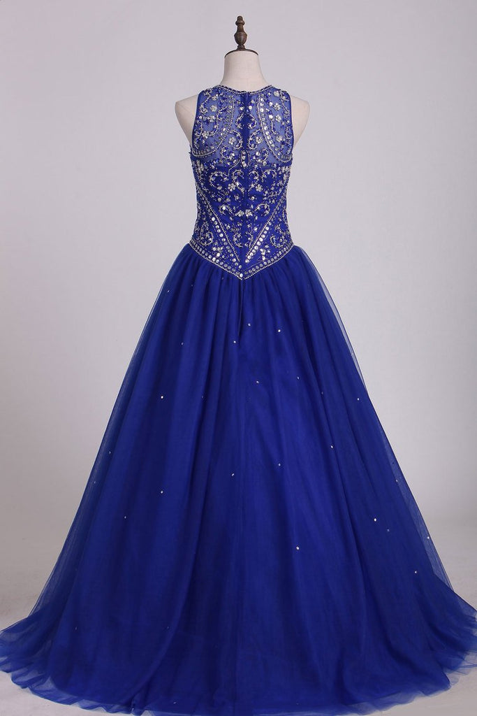 Dark Royal Blue Scoop Quinceanera Dresses Ball Gown Tulle With Beading ...