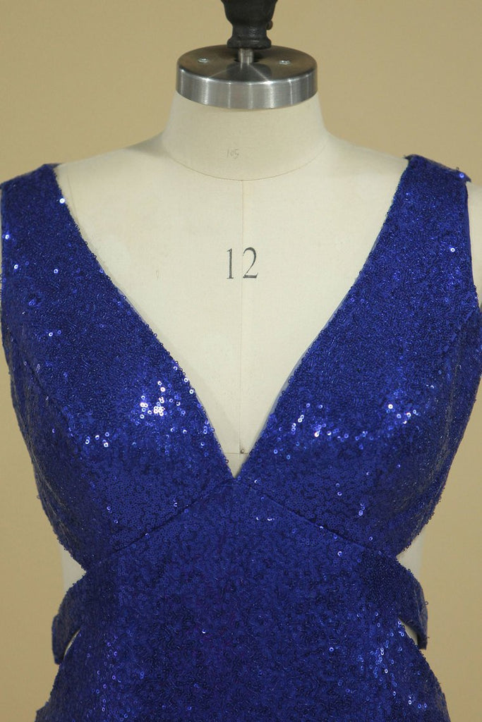 Sexy Open Back V Neck Sequins With Slit Prom Dresses Sheath Dark Royal ...