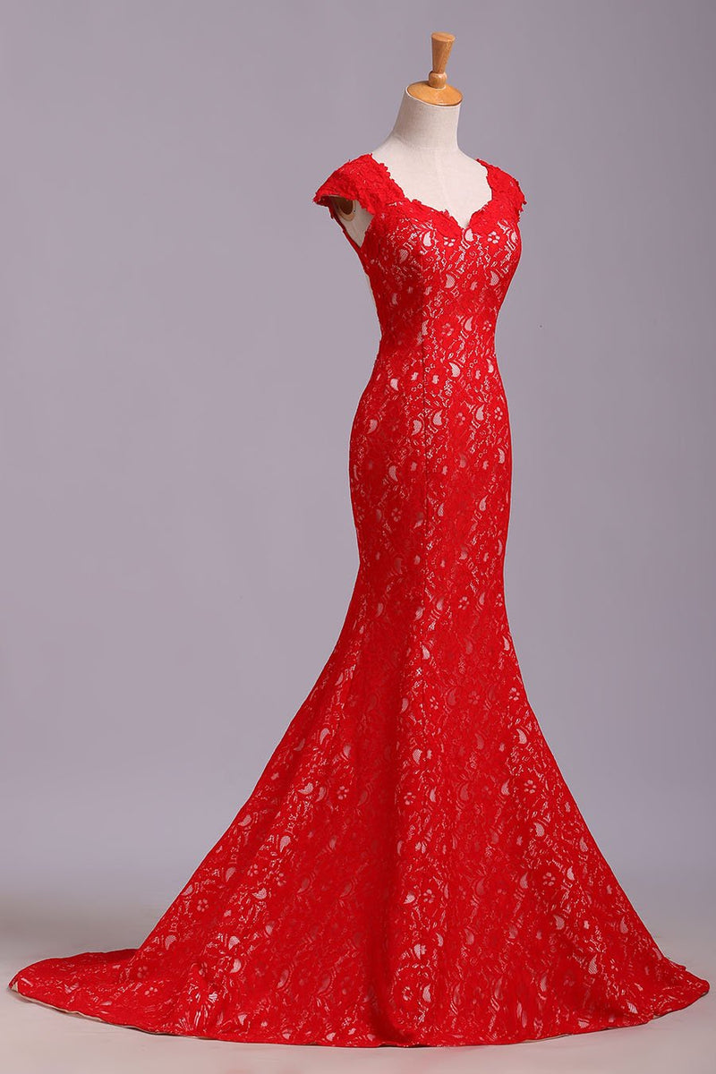 Buy Elegant Red Sweetheart Mermaid Lace Cap Sleeve Open Back Prom Dress ...