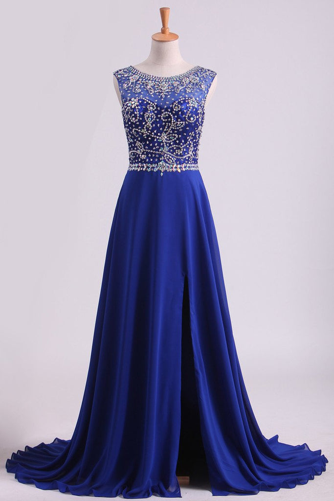 Dark Royal Blue A-Line Bateau Sweep Train Chiffon&Lace Prom Dresses ...